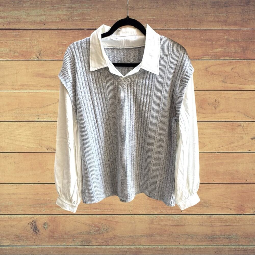 NEW Cupshe Gray Knit Vest with White Blouse Attached, Medium